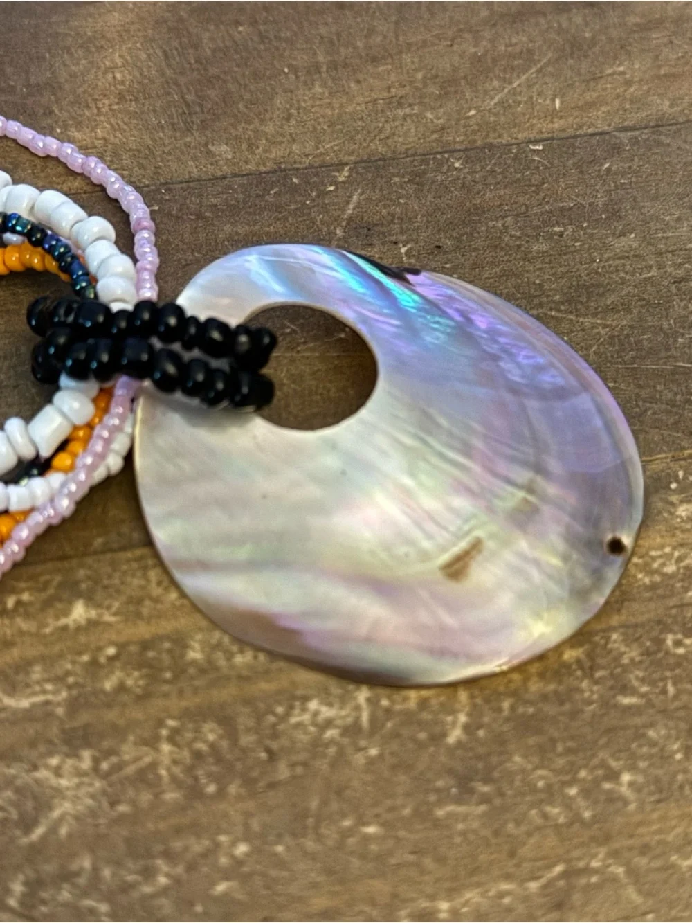 Multi strand seed bead mother of pearl shell pendant necklace